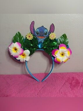 Stitch Disney-Inspired Sequin Floral Ear Headband - Blue & Green